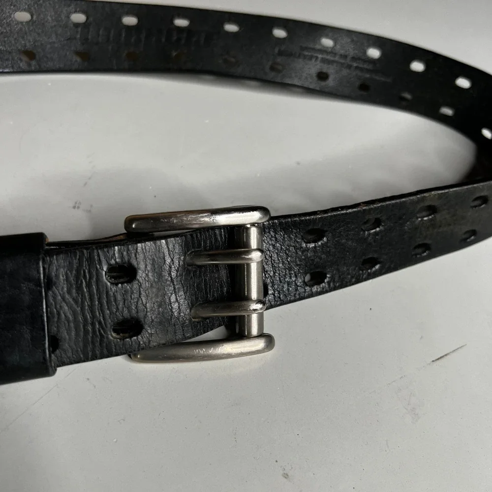 Reclaim Black Italian Leather Double Prong Belt Made in Canada Perforated 36in
